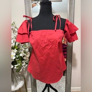 White House Black Market Red Blouse with Ruffle Sleeves